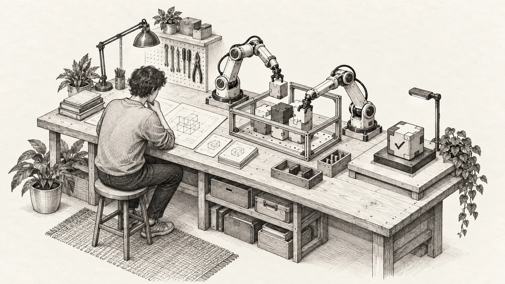 An engineer studies a plan while two robotic arms assemble modules inside a frame, with a completed module at an inspection station.